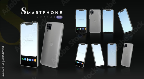 Phone mockup. 3D smartphone. Cellphone blank screen. Smart telephone. Cellular technology. Interface app background. Device UI design template. Realistic display view angles. Vector exact gadgets set