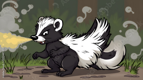 Skunk in a defensive pose spraying odor, stink clouds spreading, cartoonish yet realistic style. Generative AI photo