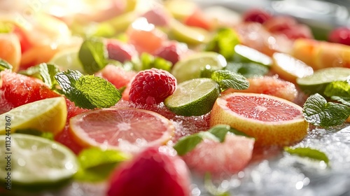 Colorful slice of fruit is expertly sealed in clear vacuum packaging, highlighting the freshness and innovative preservation technique with ample copy space on one side photo