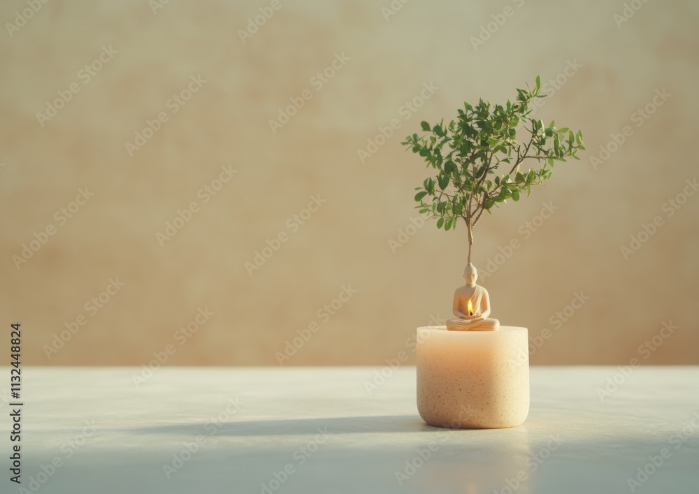 Fototapeta premium Minimalist Meditation Setting with Candle and Bonsai Tree A Serene Visual of Inner Peace