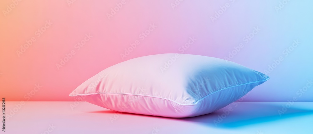 Obraz premium A soft, white pillow rests on a gradient background of pink and blue, creating a serene and modern aesthetic.