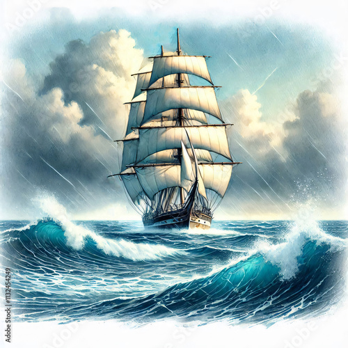 ship sailing sea ocean waves windy stormy watercolor painting maritime travel exploration historical clipper brig photo