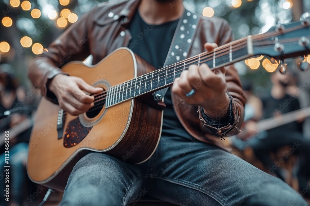 Fototapeta premium A man is playing a guitar in a band