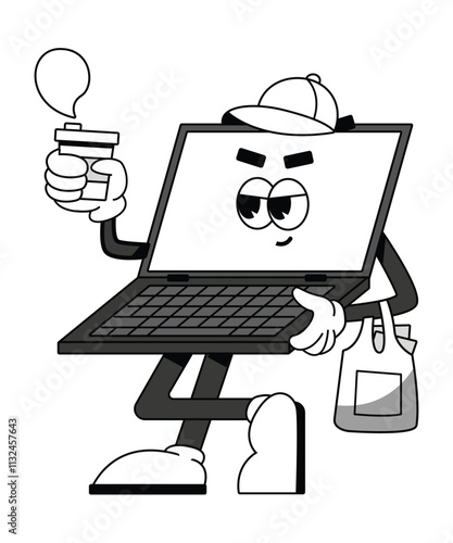 Groovy laptop cartoon character holding a cup of coffee. Funny retro chilled laptop with hat and holding bag, chill mascot, cartoon sticker of 70s 80s style vector illustration