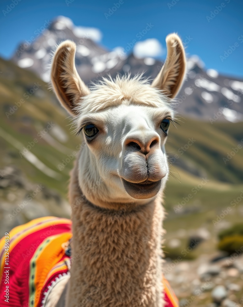 Obraz premium A magnificent llama stands proudly, draped in vibrant blankets, as it surveys the stunning mountain landscape bathed in sunlight, showcasing the beauty of nature