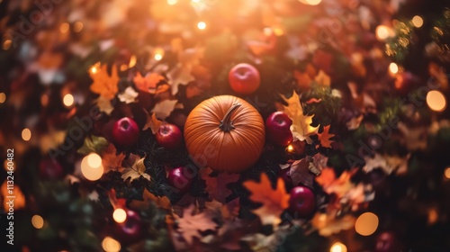 A pumpkin sits at the center, surrounded by red apples and autumn leaves, all illuminated by soft golden light, creating a cozy Thanksgiving vibe