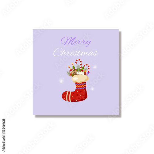 Bright Christmas card on a light background with a bright red sock and sweets in it. And the inscription "Merry Christmas." Vector
