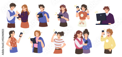 Work gadget. People use laptop, phone hold. Business tablet, online communication, internet call. Man and woman with device, smartphone, computer for young entrepreneur. Vector tidy cartoon flat set