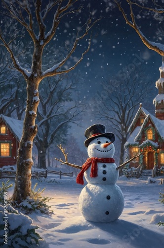 Charming Snowman in Scenic Winter Village with Snowfall and Warmly Lit Houses photo