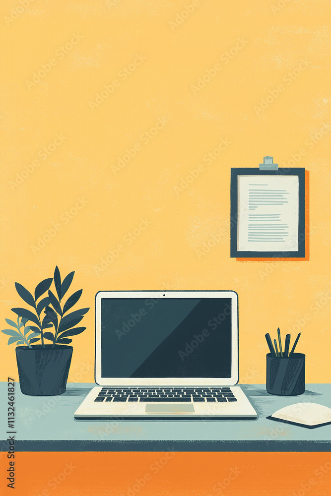 Fototapeta premium Modern minimalist home office desk setup illustration with laptop showing blank screen