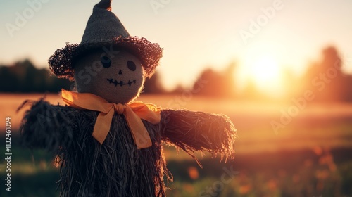 A scarecrow stands alone in a vast field during sunset, characterized by minimalism and a clean black-and-white palette, ideal for harvest themes photo