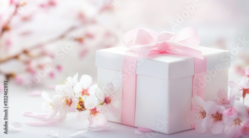 White gift box with pink ribbon decorated with fresh flowers, background with sunlight and pastel colors. Romantic congratulation concept.