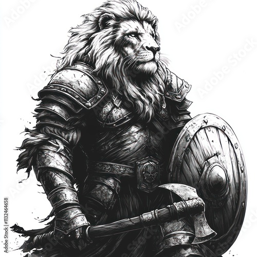 A majestic lion warrior in armor, wielding an axe and shield, embodying strength and valor. photo