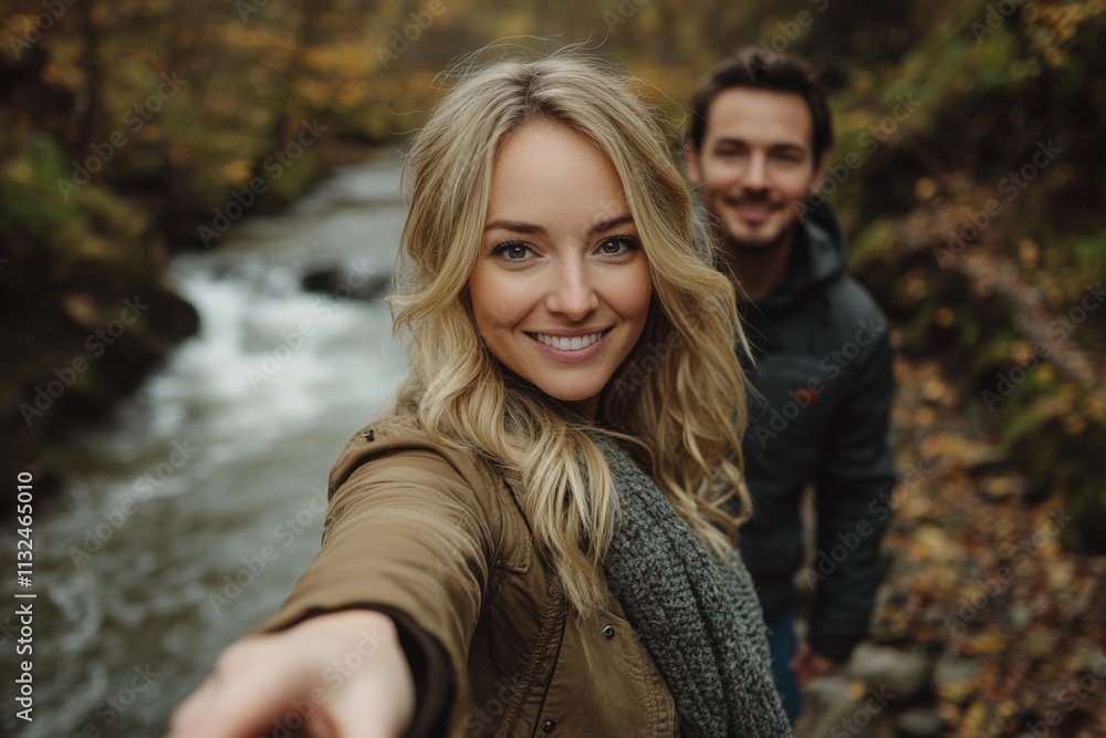 Fototapeta premium A couple is smiling and posing for a picture by a river