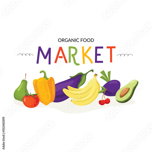 Colorful vector illustration with  fresh fruits and vegetables. Farmers market. Design for posters, flyers, packaging