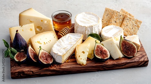 A vibrant selection of cheeses presented on a handcrafted wooden board, featuring a variety of textures and colors. Accompanying elements like honey, figs, and crackers enhance the composition, photo