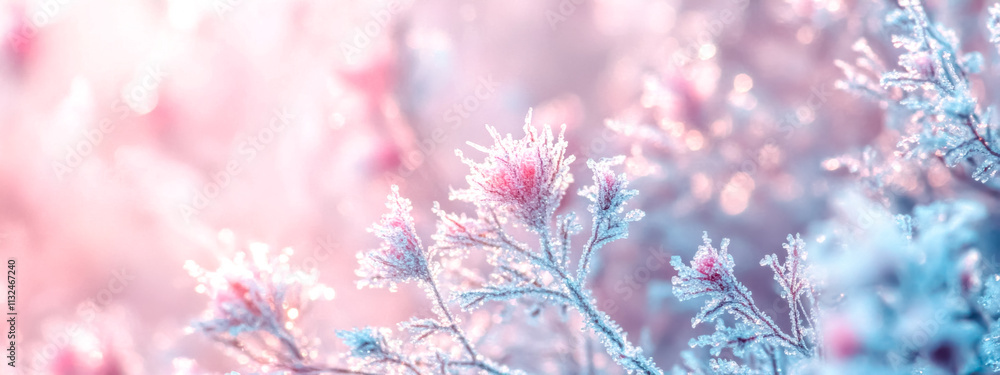 Naklejka premium Frozen flowers sparkling in a magical pink and blue light during winter