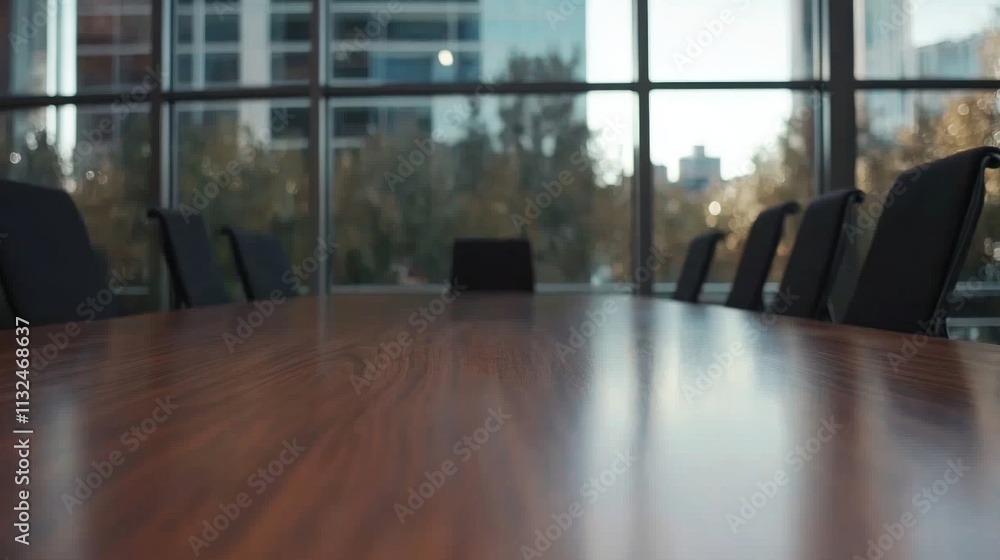 Obraz premium This conference room has a polished wooden table and black chairs, bathed in natural light from large windows, perfect for important discussions