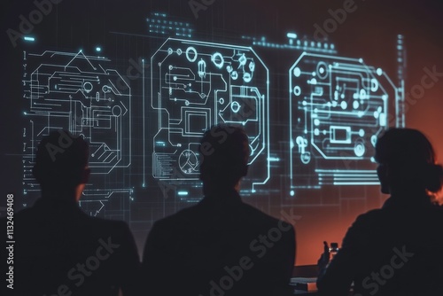 Three Professionals Analyzing Digital Circuit Schematics in a Modern Tech Environment with High-Tech Visual Displays and Illuminated Backgrounds photo