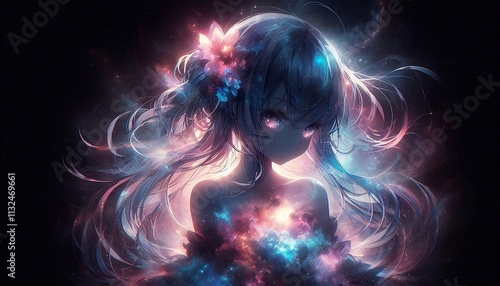 Beautiful anime artwork, a cute anime girl’s silhouette, double exposure, iridescent nebula galaxy photo