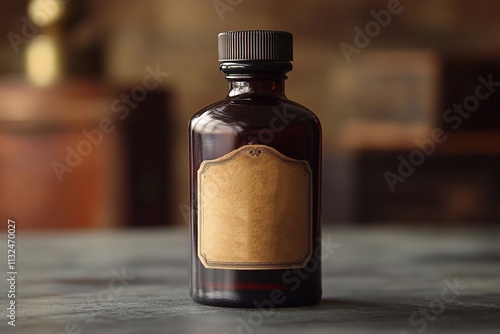 A small, empty brown bottle with a blank label stands on a shelf. photo