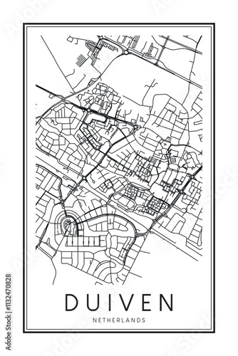 Printable downtown road map poster of the Dutch city of DUIVEN on solid white background with city name