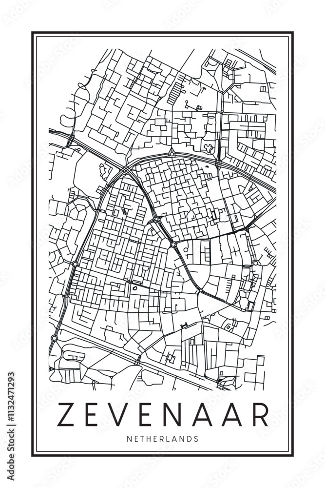 Obraz premium Printable downtown road map poster of the Dutch city of ZEVENAAR on solid white background with city name