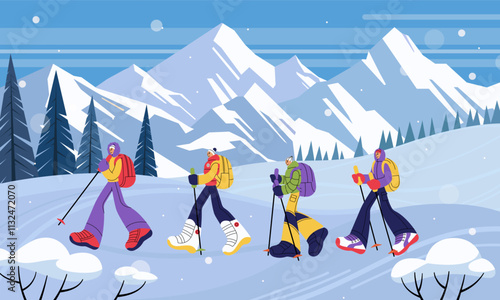 Snowy winter background. Hiking tourism. Friends at mountain resort. Nordic walking Character with coffee is photographed by camera. Outdoor vacations. Hikers in Alps. Vector cold season landscape