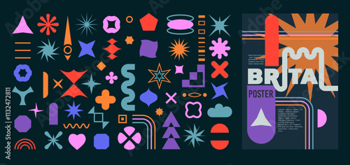 Icon geometric shape. Retro star, circle and square, line colorful modern decorative brutalist elements. Futuristic minimal brutal form. Poster design figure simple. Vector basic abstract symbols