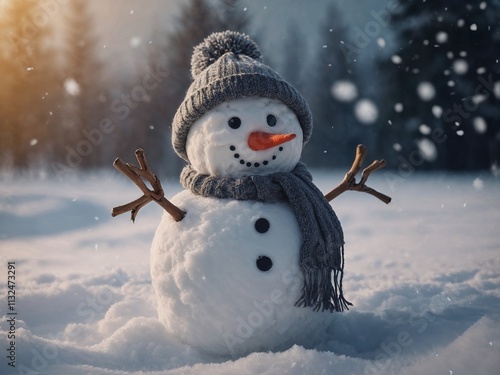 Adorable Snowman with Grey Hat and Scarf in Peaceful Snowy Landscape photo