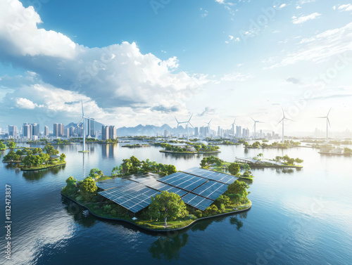 Innovative coastal cityscape showcasing floating solar panels and wind turbines for sustainable energy solutions panoramic view urban environment photo