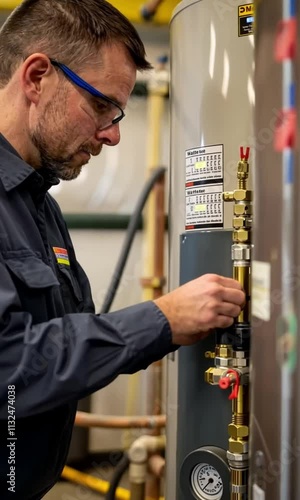 Professional young engineer doing a boiler inspection  in the bathroom	
