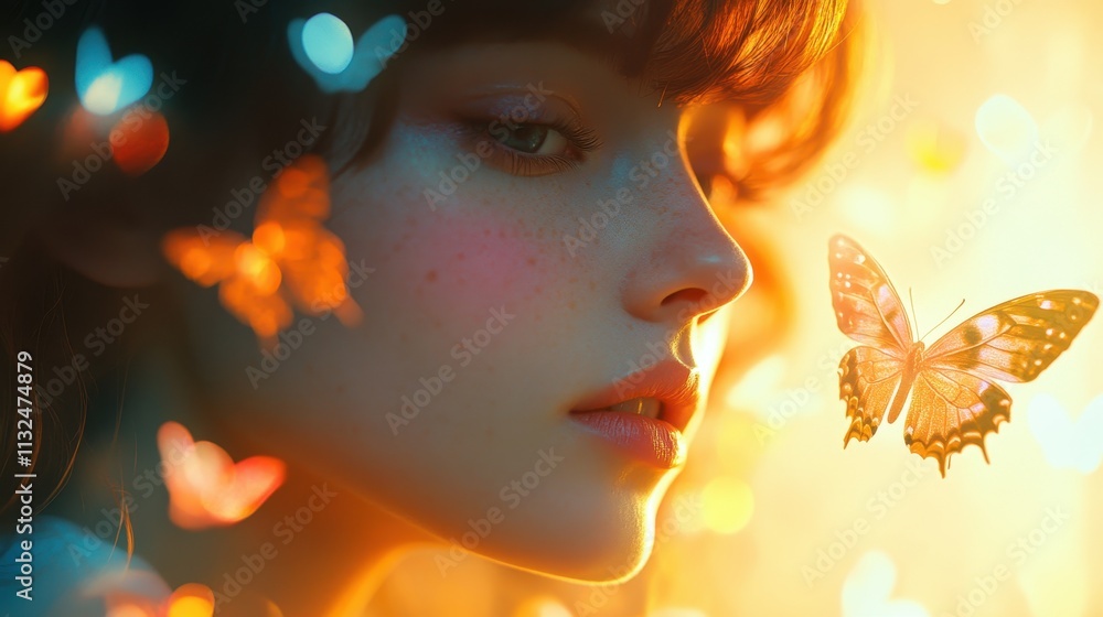 Fototapeta premium Butterfly Shaped Bokeh Blending with Pastel Hues and Glowing Face