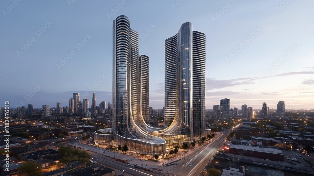 Obraz premium Twin Towers Architectural Marvel: A Modern Cityscape at Dusk