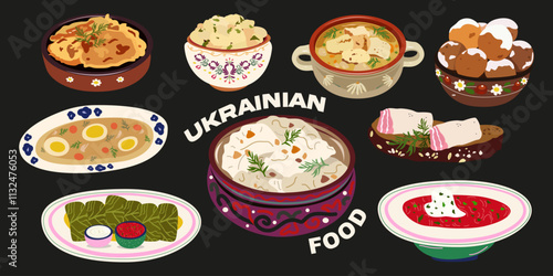 A set of Ukrainian national dishes for the Christmas table. Traditional Ukrainian cuisine. Vintage food stickers. Borscht, varenyky, holubtsi, pampushki, deruny, salo. Vector illustration 