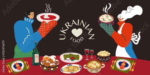 Family holiday. Flat Ukrainian family celebrating Christmas together. Traditional Ukrainian cuisine. Festive served table with borscht, varenyky, holubtsi, pampushki, deruny, salo