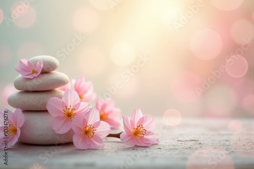 A zen-inspired background with balancing stones, gentle water ripples, and subtle pastel gradients, emphasizing serenity and balance..