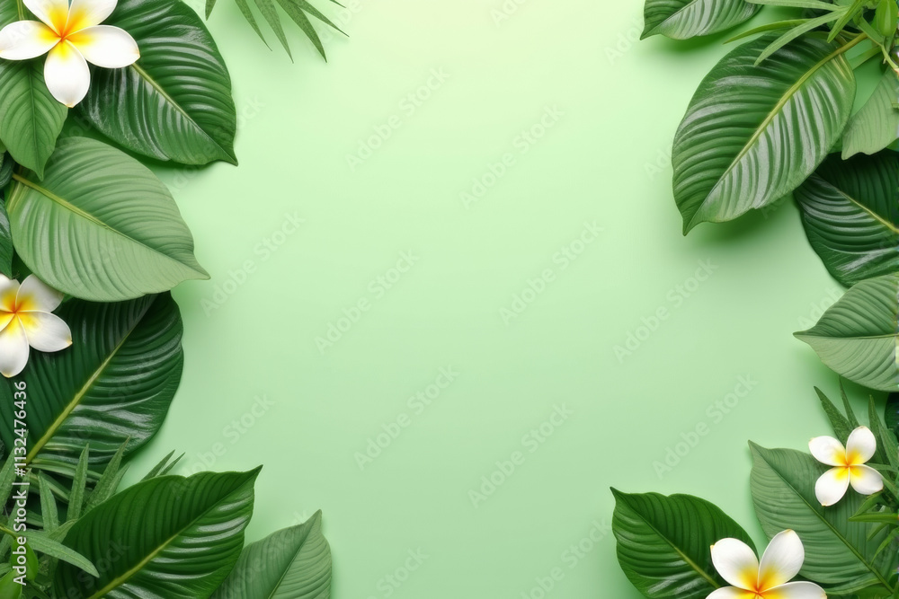Fototapeta premium A nature-inspired wellness background with calming greenery, soft sunlight filtering through leaves, and a tranquil yoga setting..