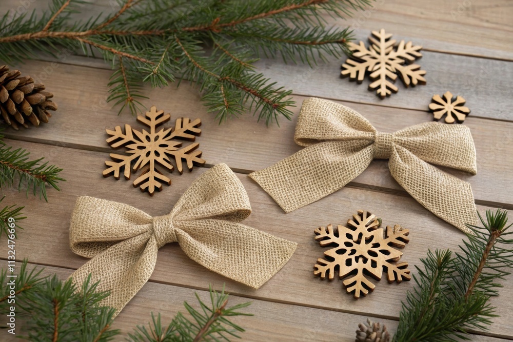 Rustic Burlap and Wooden Snowflakes Flat Lay Rustic Burlap and Wooden Snowflakes Flat Lay