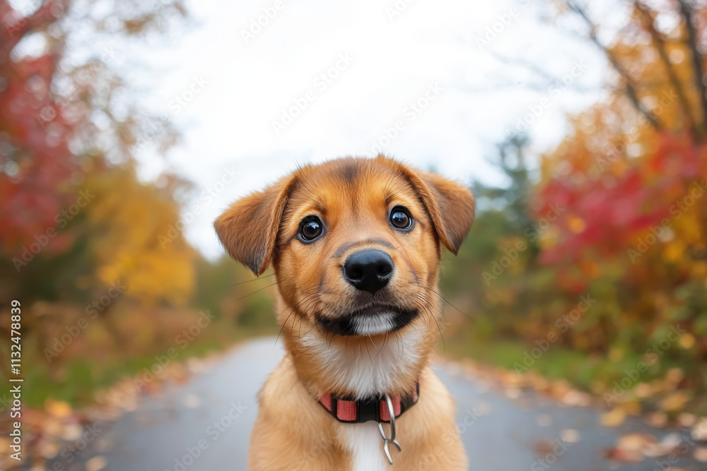 Adorable mixed-breed puppy exploring a nature trail fall colors photography outdoor playful adventure Adorable mixed-breed puppy exploring a nature trail fall colors photography outdoor playful adventure