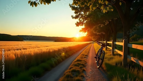 The image showcases a serene countryside scene featuring a path winding through a golden field. On one side, a black bicycle is parked, leaning against a wooden fence. The sun is setting on the horizo photo