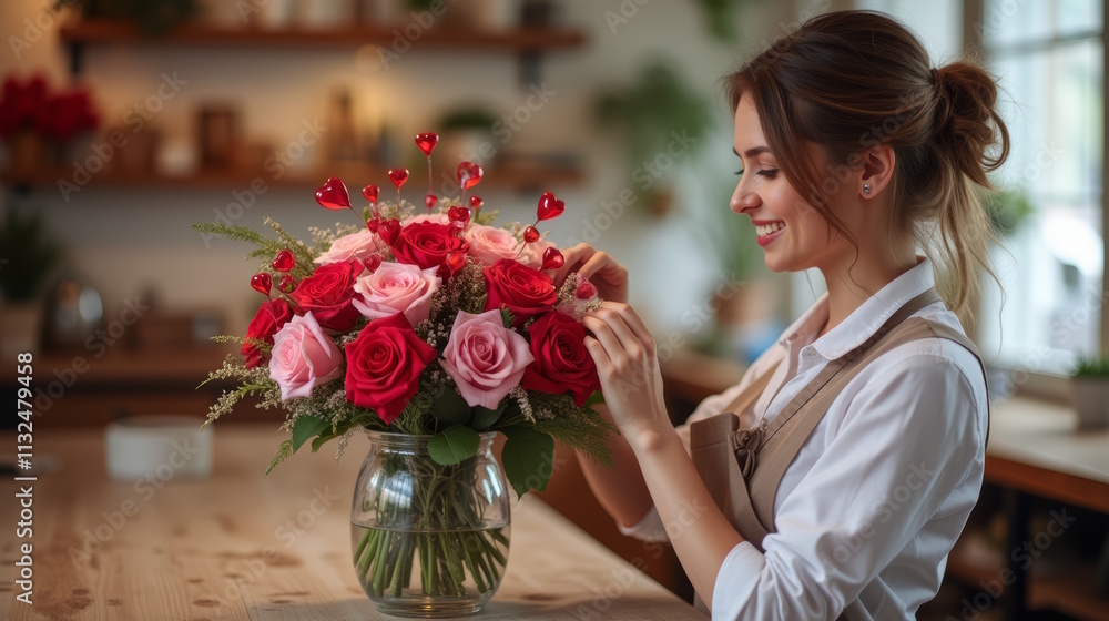 Fototapeta premium Florist makes a bouquet of roses and hearts in a flower shop,
