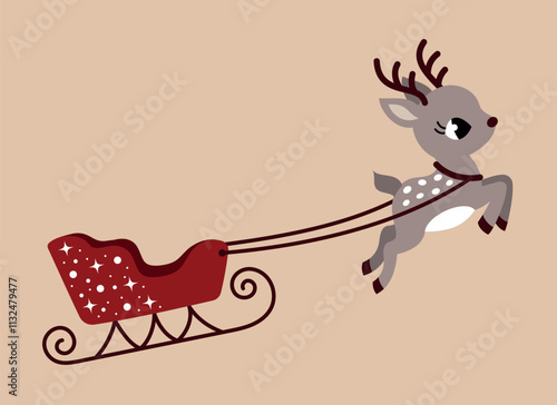 Cute Christmas reindeer with sleigh for presents. Reindeer with sleigh flying to Santa Claus at the North Pole. Christmas winter New Year