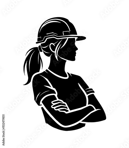 woman worker helm silhouette engraving black and white outline