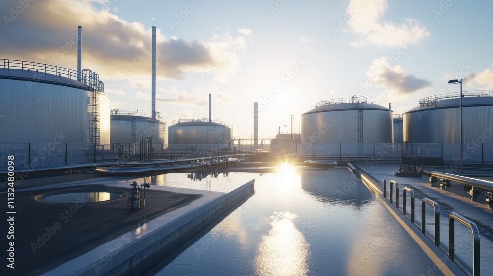 Obraz premium Sunrise over Industrial Storage Tanks