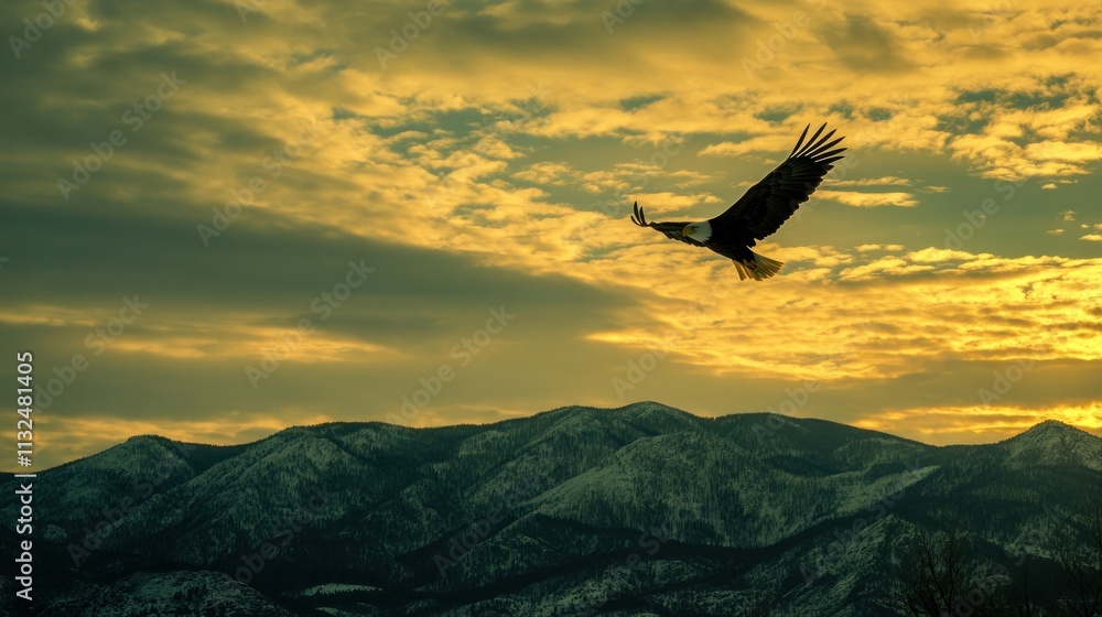 Fototapeta premium Majestic Eagle Soaring Above the Golden Mountains at Sunset