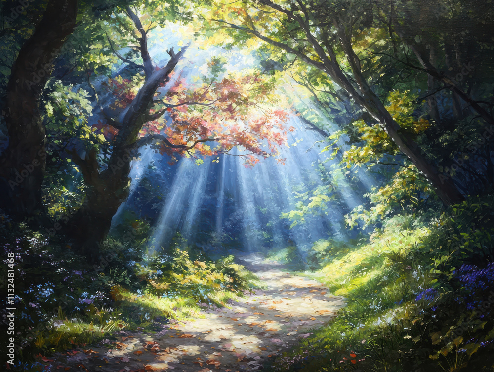 Obraz premium Exploring an enchanting forest path in nature’s heart a journey through colorful leaves and warm sunlight