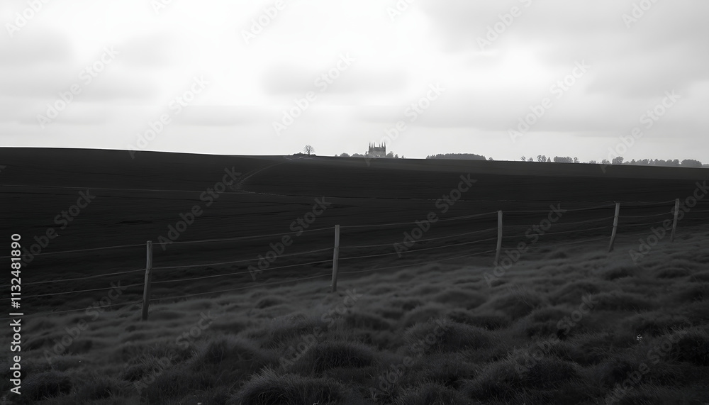 Fototapeta premium Monochromatic Countryside: A black and white landscape photograph showcasing a vast, plowed field stretching to the horizon, punctuated by a meandering fence line and a distant structure.