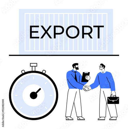 Export container stopwatch and two people shaking hands. Ideal for business, trade, agreements, shipping, logistics, partnerships, and efficiency concepts. Line metaphor