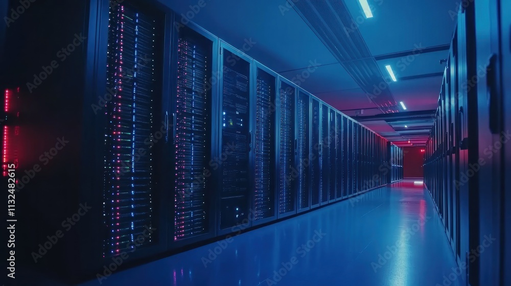 Fototapeta premium Neon Lit Server Room: A Glimpse into the Digital Core